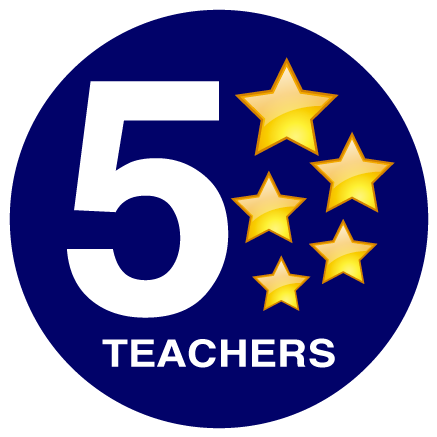 the logo of 5StarTeachers, a dark blue circle with a big white 5 on the right and 5 golden stars on the left one slightly bigger than the other. At the bottom part of the circular logo is the word 'Teachers' in white.